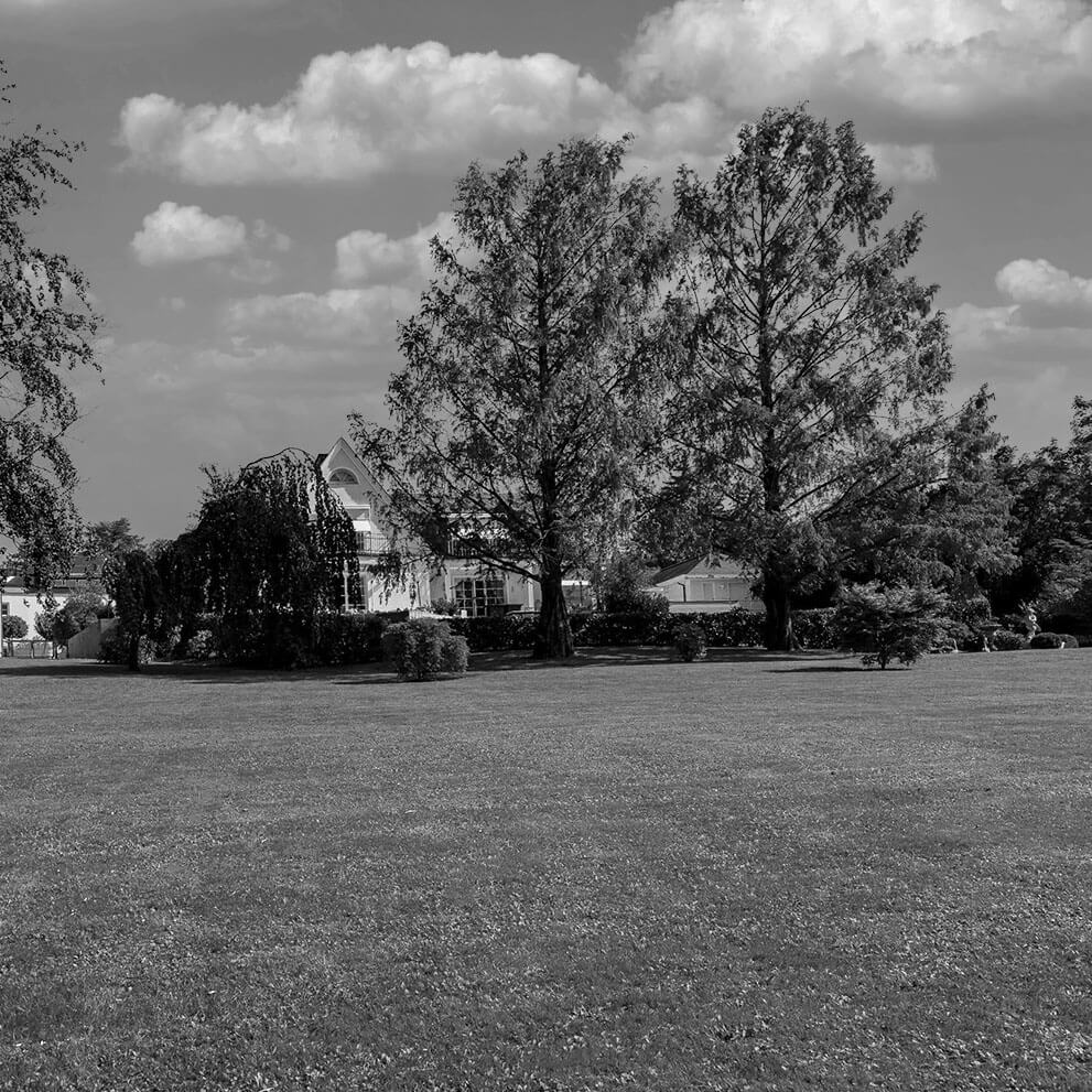 Blick auf herrschaftliches Anwesen aus Park